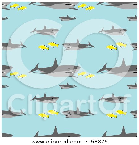 Royalty-Free (RF) Clipart Illustration of a Seamless Shark And Fish Pattern On Blue by kaycee