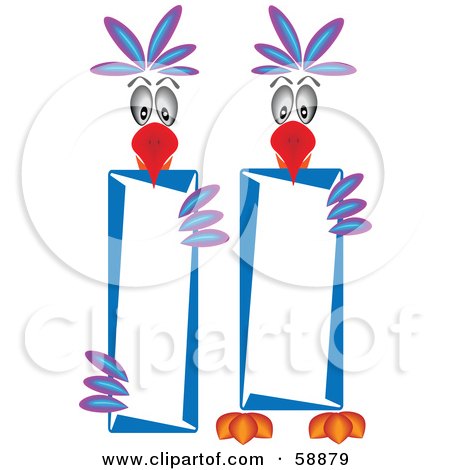 Royalty-Free (RF) Clipart Illustration of a Digital Collage Of Two Parrots Holding Vertical Banners by kaycee