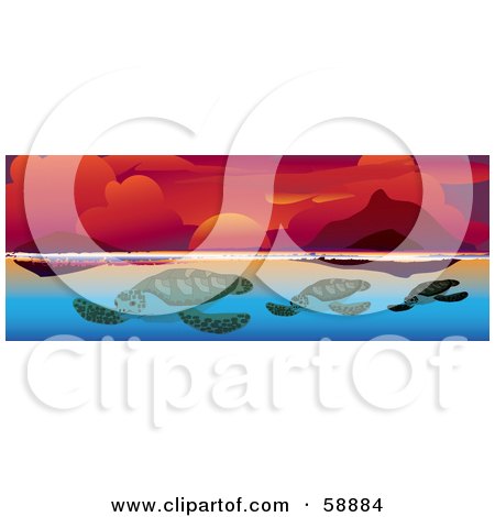 Royalty-Free (RF) Clipart Illustration of a Family Of Sea Turtles Swimming In Blue Water Under A Red Ocean Sunset by kaycee
