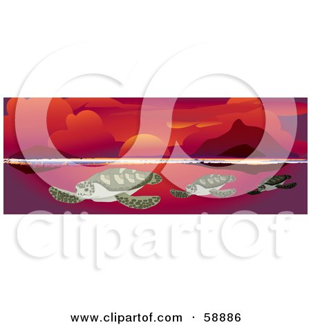 Royalty-Free (RF) Clipart Illustration of Three Sea Turtles Swimming In Under A Red Ocean Sunset by kaycee