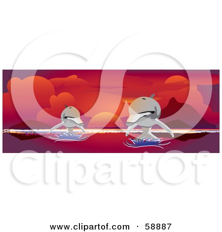 Royalty-Free (RF) Clipart Illustration of Two Dolphins Leaping Over Water Under A Red Ocean Sunset by kaycee