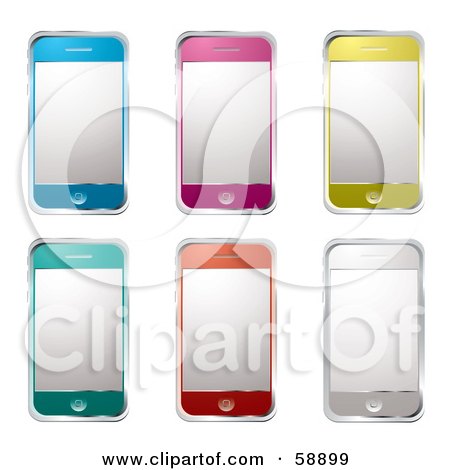 Royalty-Free (RF) Clipart Illustration of a Digital Collage Of Blue, Pink, Yellow, Green, Orange And Silver Modern Cell Phones by michaeltravers