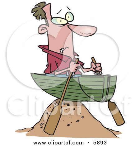 Man in a Boat on a Sandy Hill, Left High and Dry Clipart Illustration by toonaday