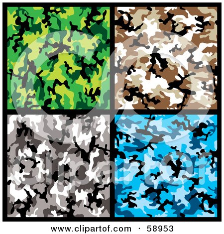Royalty-Free (RF) Clipart Illustration of a Digital Collage Of Green, Blue, Gray And Brown Camouflage Backgrounds by michaeltravers