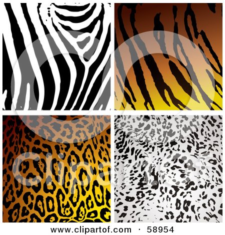 Royalty-Free (RF) Clipart Illustration of a Digital Collage Of Four Zebra, Tiger, Leopard And Cheetah Print Backgrounds by michaeltravers