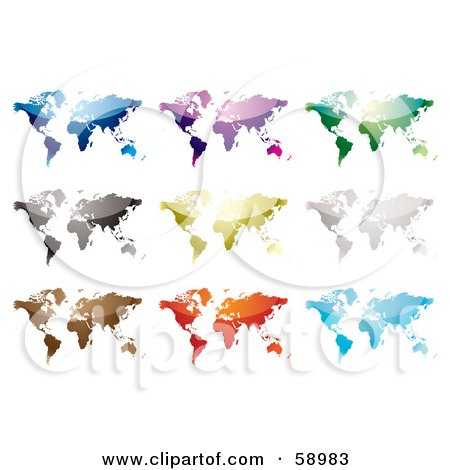 Royalty-Free (RF) Clipart Illustration of a Digital Collage Of Nine Colorful World Maps On White by michaeltravers