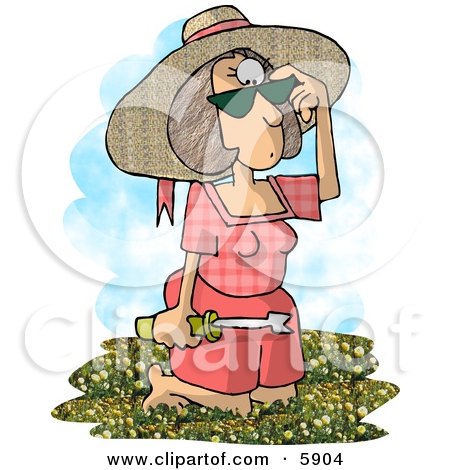Overwhelmed Woman Looking Down at a Garden Full of Dandelion Weeds Clipart Picture by djart