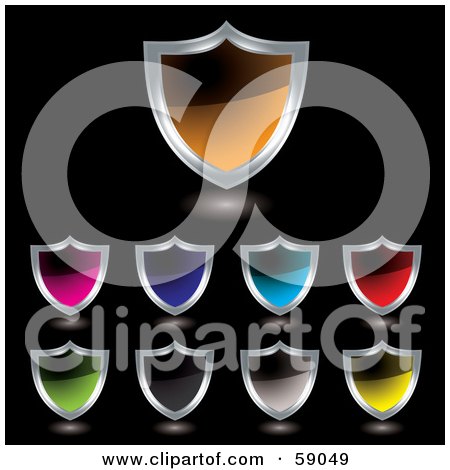 Royalty-Free (RF) Clipart Illustration of a Digital Collage Of Colorful Shield Icon Buttons Rimmed In Chrome - Version 2 by michaeltravers