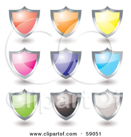 Royalty-Free (RF) Clipart Illustration of a Digital Collage Of Colorful Shield Icon Buttons Rimmed In Chrome - Version 3 by michaeltravers