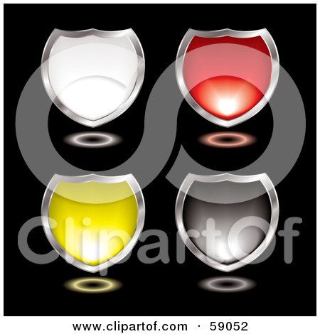 Royalty-Free (RF) Clipart Illustration of a Digital Collage Of White, Red, Yellow And Black Shiny Chrome Rimmed Shields On Black by michaeltravers