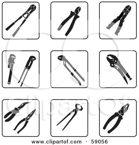 Royalty-Free (RF) Clipart Illustration of a Digital Collage Of Black And White Pliers And Pincers Icon Buttons by Frisko