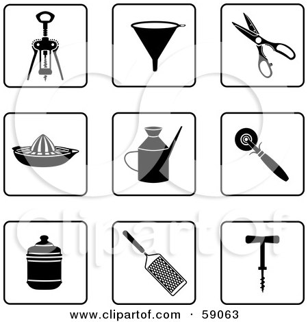 Royalty-Free (RF) Clipart Illustration of a Digital Collage Of Black And White Kitchen Icon Buttons - Version 1 by Frisko