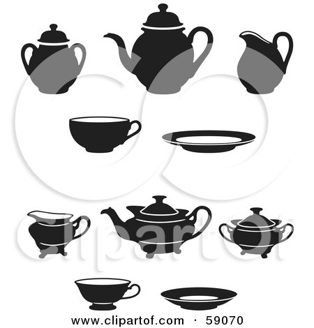 Royalty-Free (RF) Clipart Illustration of a Digital Collage Of Black And White Tea Pots, Saucers And Cups by Frisko
