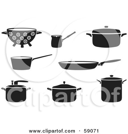 Royalty-Free (RF) Clipart Illustration of a Digital Collage Of Black And White Kitchen Cookware by Frisko