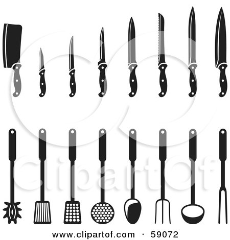 Royalty-Free (RF) Clipart Illustration of a Digital Collage Of Black And White Kitchen Utensils by Frisko