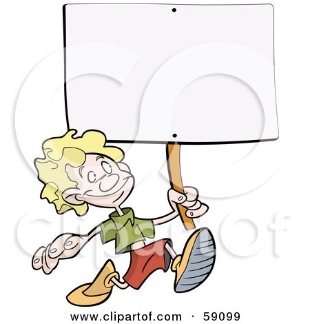 Royalty-Free (RF) Clipart Illustration of a Happy Blond Boy Running With A Blank Sign On A Stick by Frisko