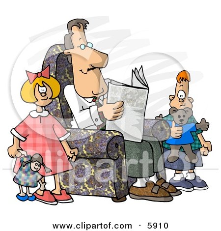 Divorced Dad Reading Newspaper Beside His Kids Clipart Picture by djart