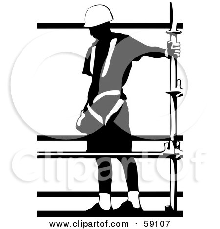 Royalty-Free (RF) Clipart Illustration of a Silhouetted Construction Worker Wearing Safety Gear And Standing On A Platform by Frisko