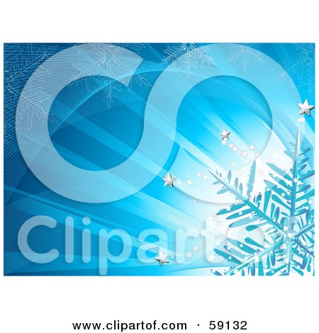 Royalty-Free (RF) Clipart Illustration of a Snowflake With Silver Stars On A Blue Light Ray Background by elaineitalia