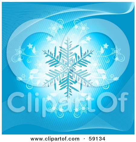 Royalty-Free (RF) Clipart Illustration of a Blue Snowflake On A Glowing White And Blue Background With Flourishes by elaineitalia