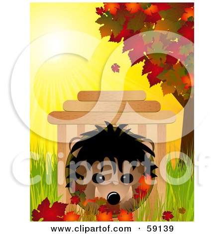 Royalty-Free (RF) Clipart Illustration of a Cute Hedgehog In A Wooden House, In Grass With Autumn Leaves by elaineitalia