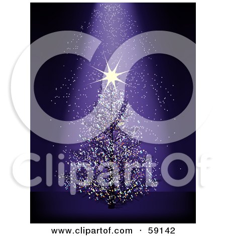 Royalty-Free (RF) Clipart Illustration of a Shining Star On A Christmas Tree Over A Purple Sparkling Background by elaineitalia
