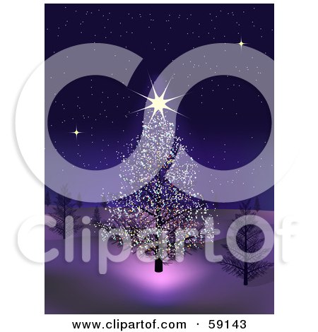 Royalty-Free (RF) Clipart Illustration of a Shining Star On A Christmas Tree In A Wintry Night Landscape by elaineitalia