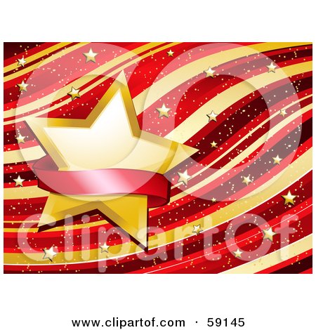 Royalty-Free (RF) Clipart Illustration of a Blank Red Banner Over A Golden Star On A Waving Red And Gold Background With Tiny Gold Stars by elaineitalia