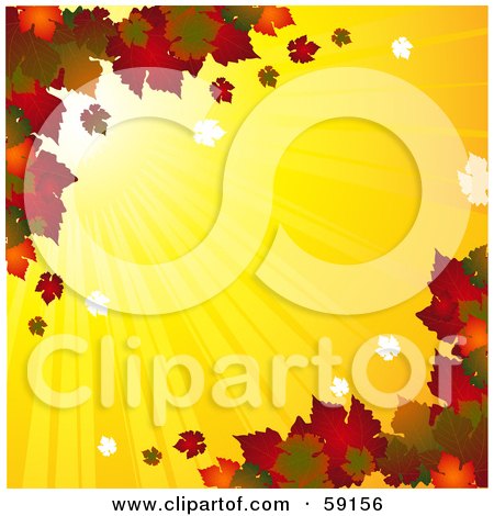 Royalty-Free (RF) Clipart Illustration of a Background Of Bright Sun Shining Behind Fall Leaves by elaineitalia