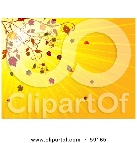 Royalty-Free (RF) Clipart Illustration of Autumn Leaves Falling Off Of A Branch On A Shining Orange Background by elaineitalia