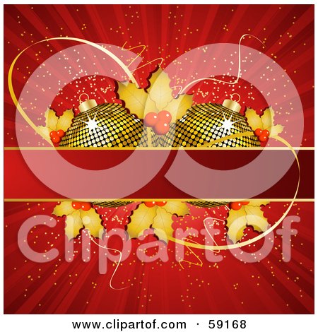 Royalty-Free (RF) Clipart Illustration of Two Golden Christmas Ornaments And Holly Behind A Text Box On A Shining Red Background by elaineitalia