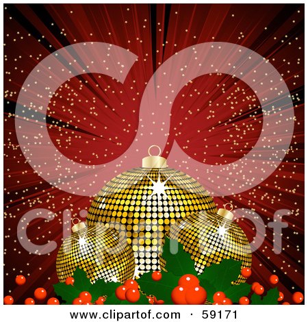Royalty-Free (RF) Clipart Illustration of Three Golden Disco Christmas Baubles And Holly On A Red Background Of Rays And Sparkles  by elaineitalia