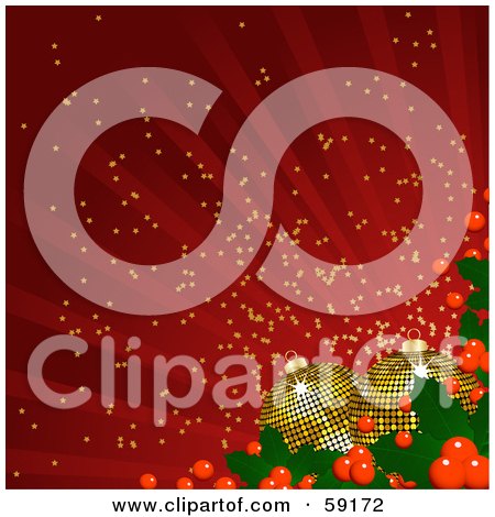 Royalty-Free (RF) Clipart Illustration of a Red Background Of Rays And Sparkles With Golden Disco Styled Christmas Ornaments And Holly by elaineitalia
