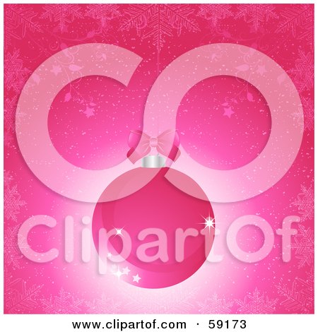 Royalty-Free (RF) Clipart Illustration of a Girly Pink Background With A Bow On A Christmas Bauble by elaineitalia