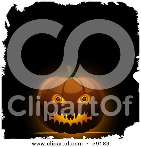 Royalty-Free (RF) Clipart Illustration of an Evil Jack O Lantern With Eyeballs On A Glowing Dark Background With White Grunge by elaineitalia