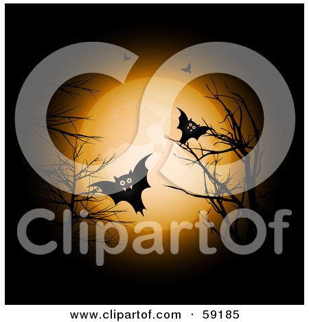 Royalty-Free (RF) Clipart Illustration of a Group Of Creepy Vampire Bats With Fangs, Flying Between Bare Branches Against A Full Moon by elaineitalia