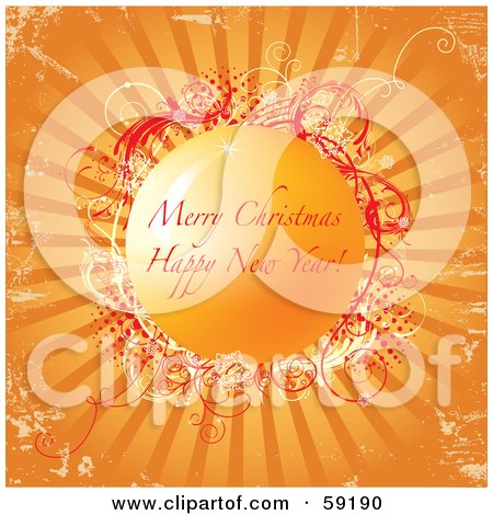 Royalty-Free (RF) Clipart Illustration of a Merry Christmas Happy New Year Greeting In An Orange Circle On A Shining Grunge Background by Eugene