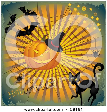 Royalty-Free (RF) Clipart Illustration of a Grungy Green Halloween Background With A Black Cat, Spiders, Web, Pumpkin And Bats by Eugene