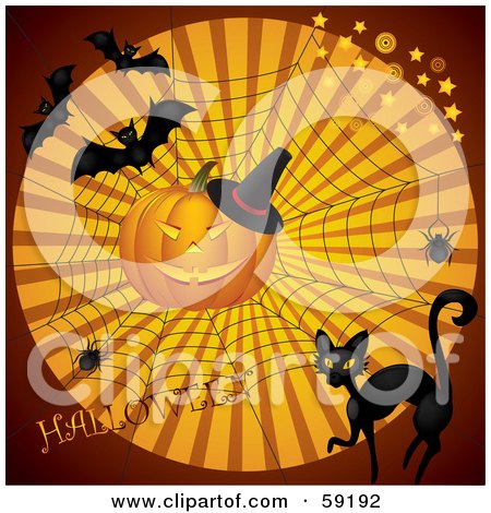 Royalty-Free (RF) Clipart Illustration of a Red Halloween Background With A Black Cat, Spiders, Web, Pumpkin And Bats by Eugene