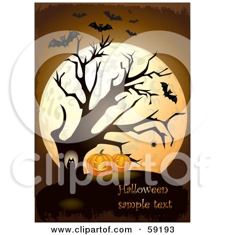 Royalty-Free (RF) Clipart Illustration of an Owl In A Bare Tree By Halloween Pumpkins, In Front Of A Full Moon With Vampire Bats by Eugene