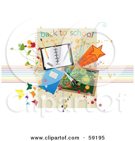 Royalty-Free (RF) Clipart Illustration of a Back To School Background With School Supplies, Stars, Butterflies And Grunge by Eugene