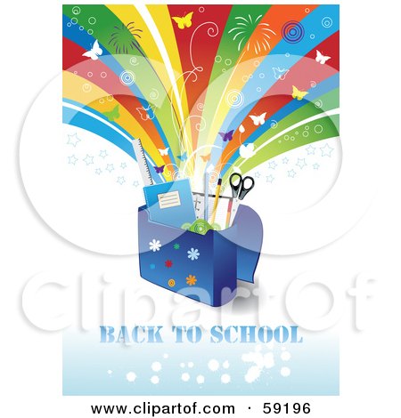 Royalty-Free (RF) Clipart Illustration of a Back To School Background With Supplies In A Bag Under A Shooting Rainbow With Fireworks And Butterflies by Eugene