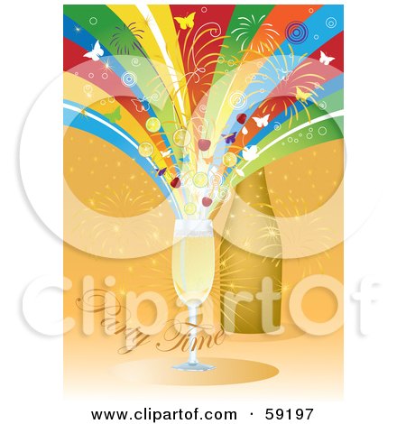 Royalty-Free (RF) Clipart Illustration of a Party Time Background With Colorful Rays, Fireworks And Butterflies Shooting Out Of Champagne by Eugene