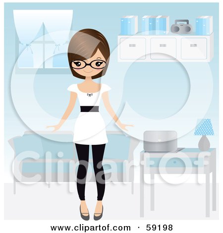 Royalty-Free (RF) Clipart Illustration of a Friendly Young Woman Proudly Showing Off Her Blue Living Room by Melisende Vector