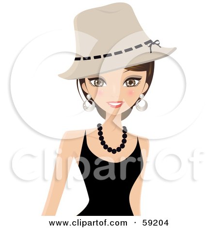 Royalty-Free (RF) Clipart Illustration of a Stylish Brunette Woman In A Black Dress, Wearing A Hat by Melisende Vector