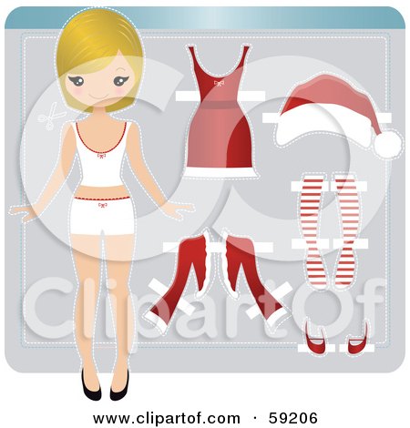 Royalty-Free (RF) Clipart Illustration of a Christmas Paper Doll Girl With Blond Hair, Shown With Clothes by Melisende Vector
