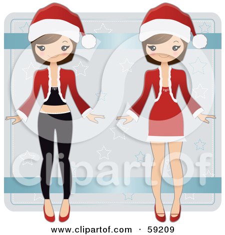 Royalty-Free (RF) Clipart Illustration of a Brunette Christmas Paper Doll Shown In Two Different Outfits - Version 1 by Melisende Vector