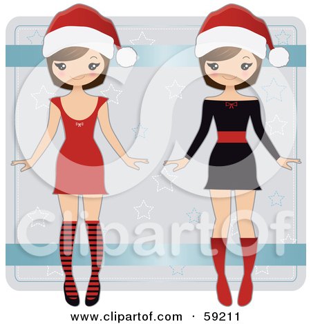 Royalty-Free (RF) Clipart Illustration of a Brunette Christmas Paper Doll Shown In Two Different Outfits - Version 2 by Melisende Vector
