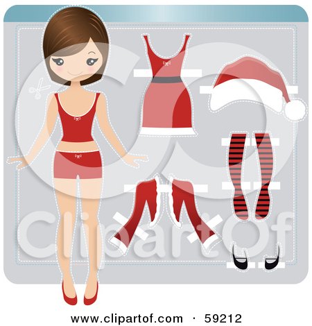 Royalty-Free (RF) Clipart Illustration of a Christmas Paper Doll Girl With Brunette Hair, Shown With Clothes by Melisende Vector
