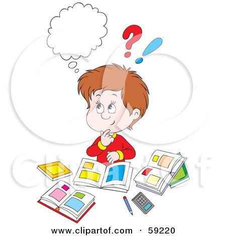 Royalty-Free (RF) Clipart Illustration of a Confused Boy Doing His Homework, Surrounded By Clutter by Alex Bannykh